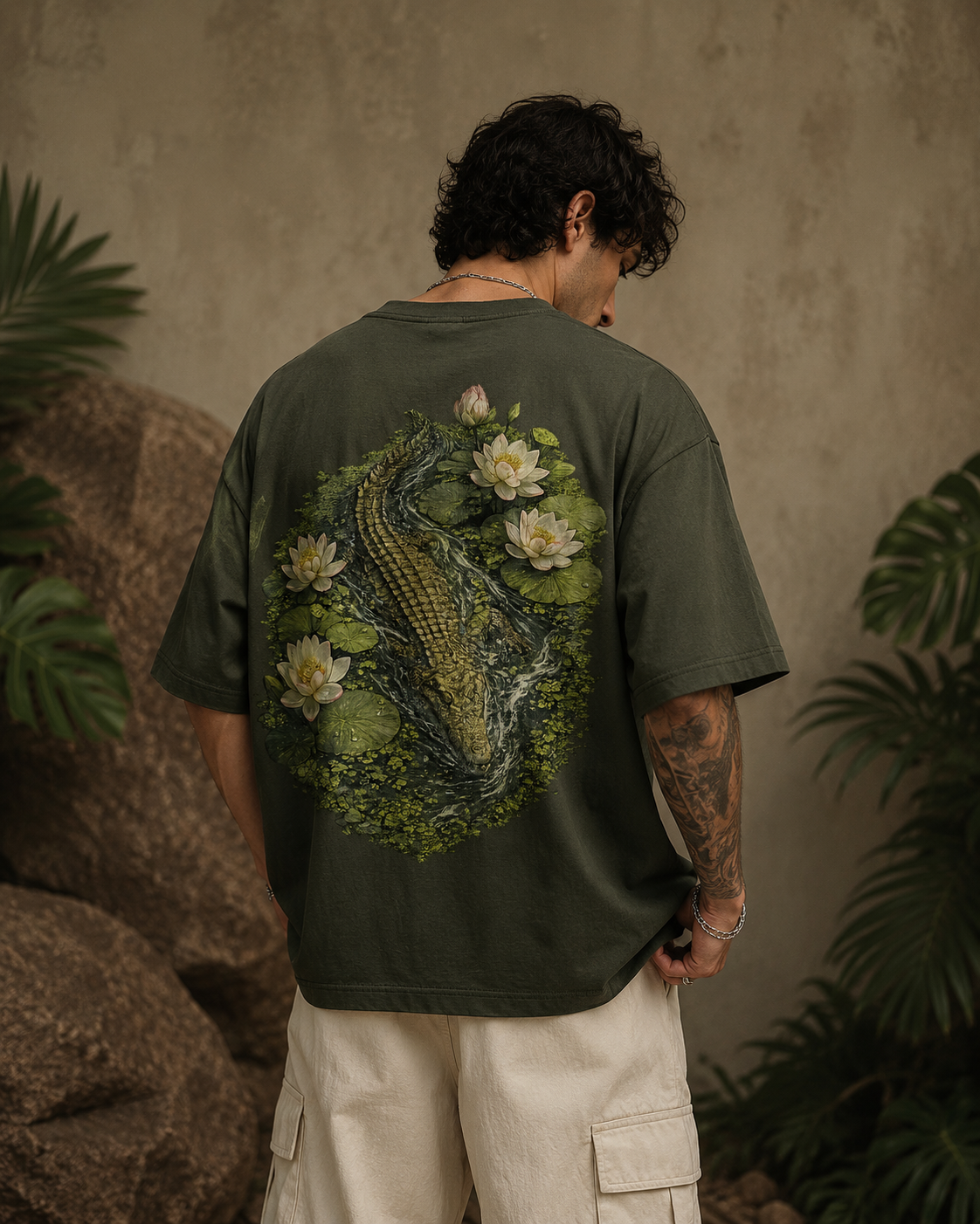 Lotus Crocodile Oversized T-Shirt – Botanical Swamp Graphic Back Print | Premium Streetwear Tee