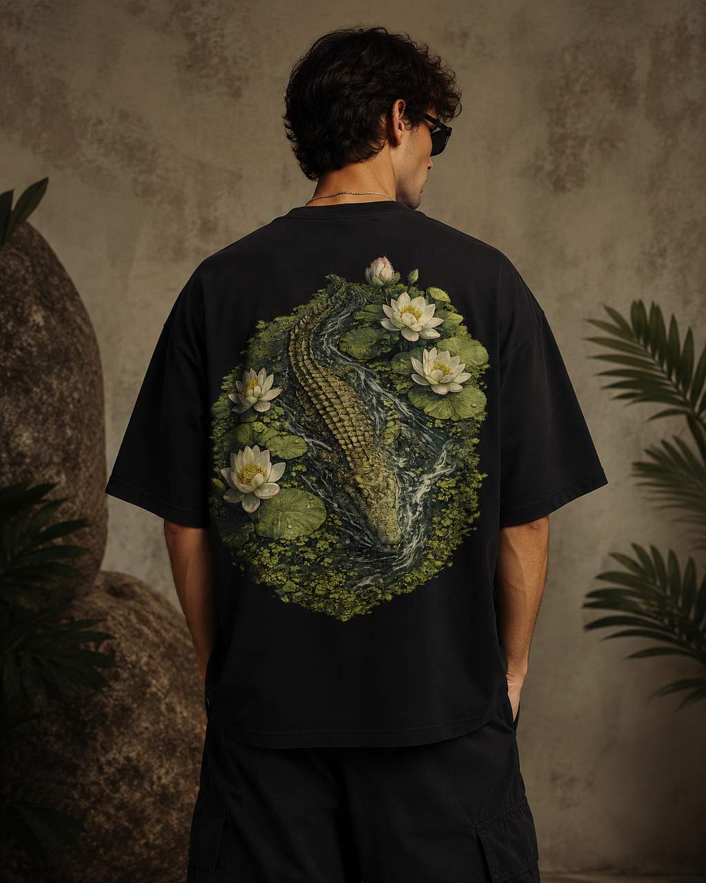 Lotus Crocodile Oversized T-Shirt – Botanical Swamp Graphic Back Print | Premium Streetwear Tee
